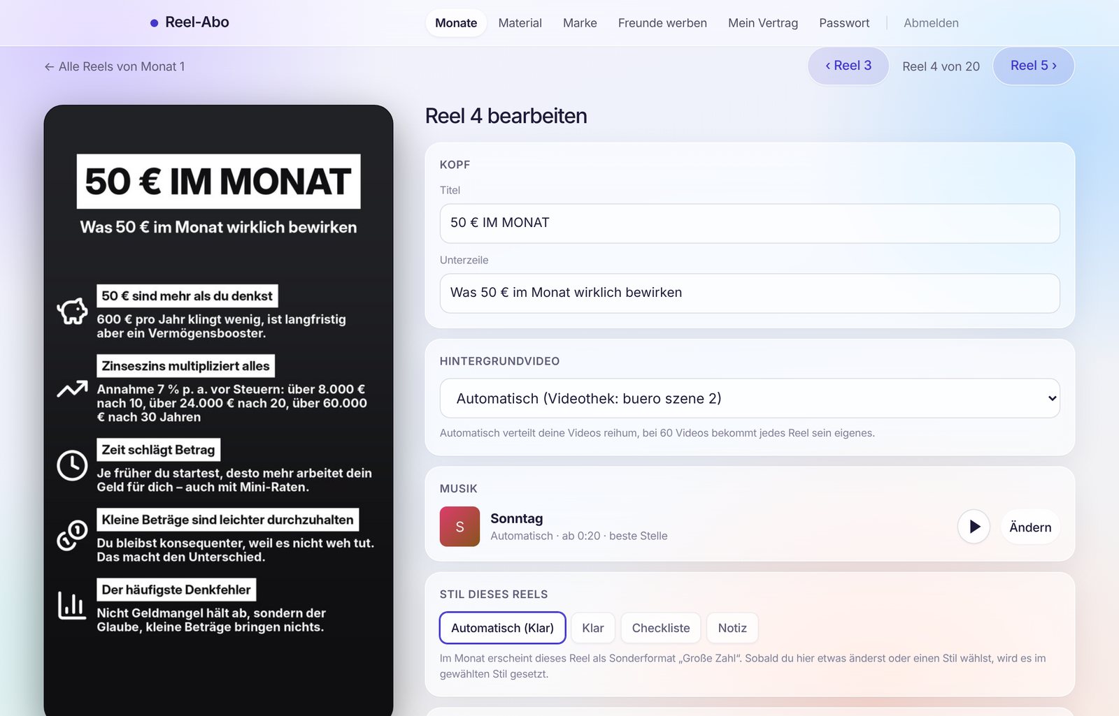 Content-Editor im Kundenportal: links die Vorschau des Videos, rechts Titel, Hintergrundvideo, Musik und Stil